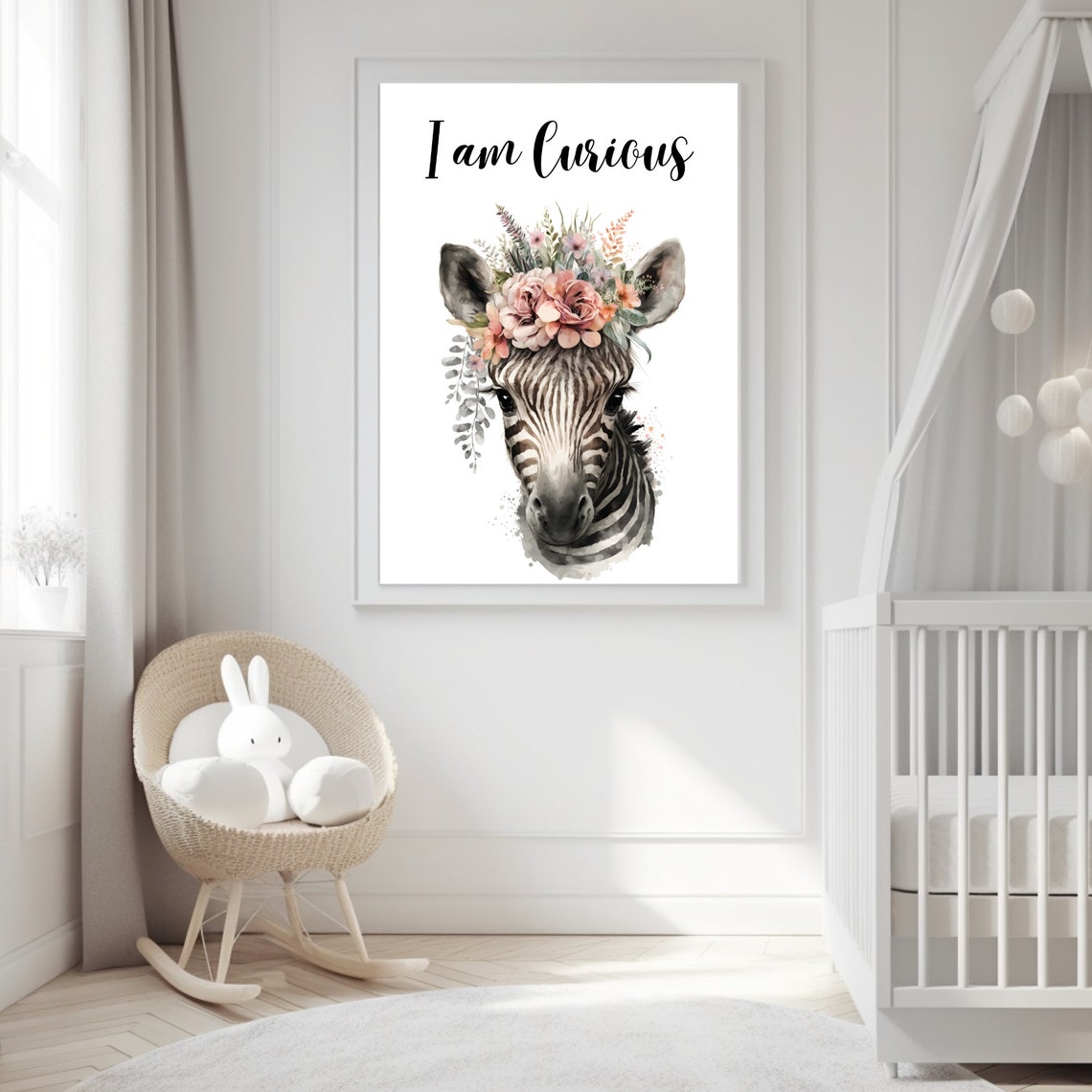 I Am Curious Zebra Flower Crown Nursery Watercolor Art Print - Image 4