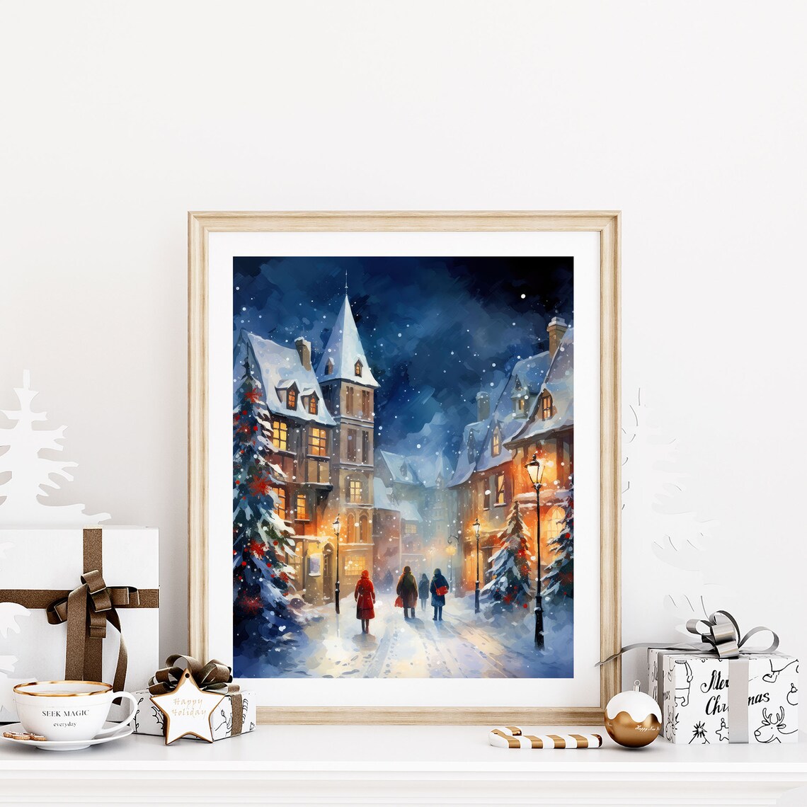 Snowy Christmas Street Church Tower Night Watercolor Art Print - Image 6