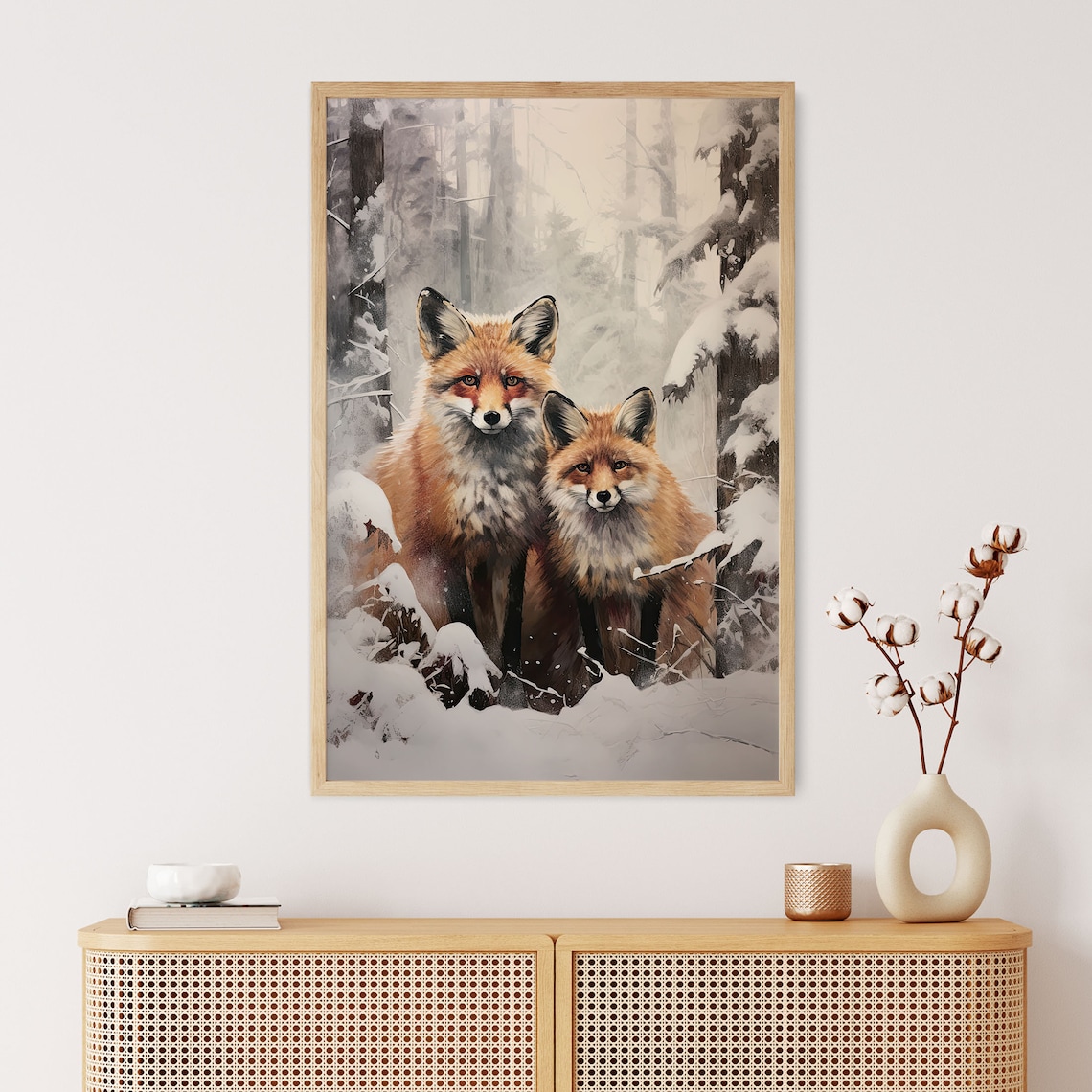 Red Fox Pair Standing in Snowy Winter Forest Wildlife Art Print - Image 7