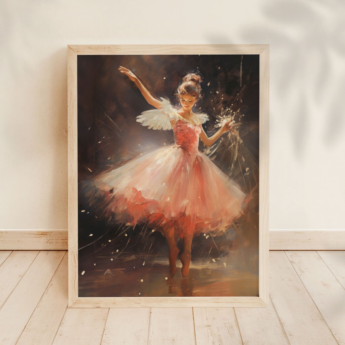 Young Ballerina Pink Tutu Dancing Dark Stage Sparkle Oil Painting Poster - Image 5