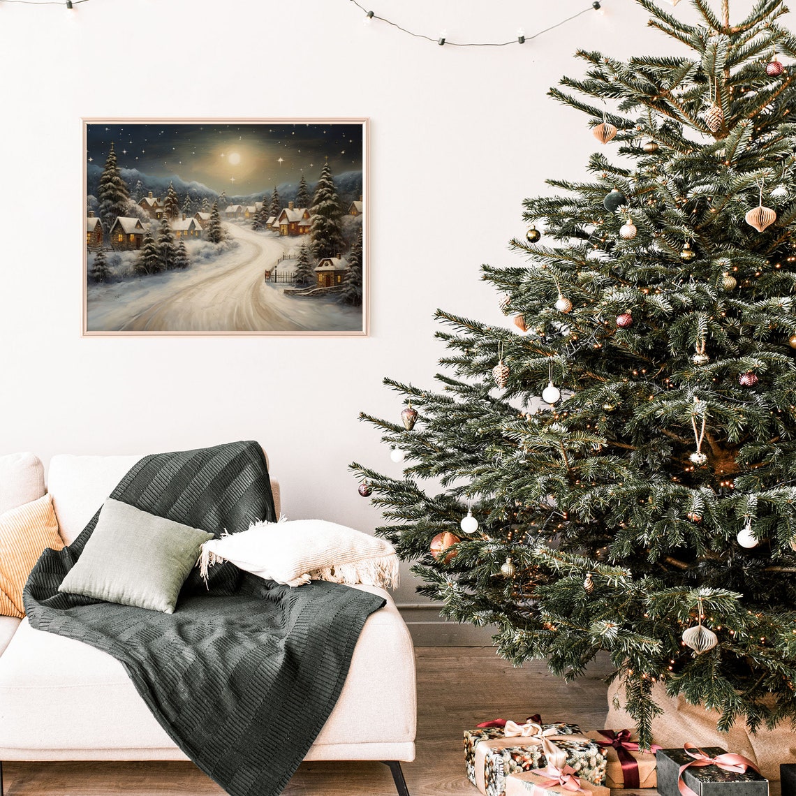 Vintage Christmas Village Wall Art Vintage Christmas Winter Night Wall Art Farmhouse Christmas Decor Xmas Town Painting Xmasv1 - Image 2