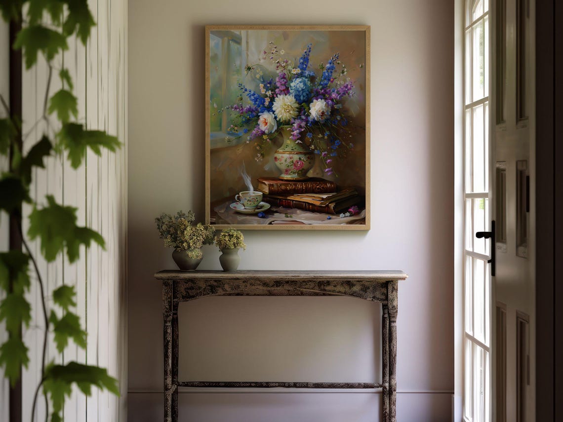 Vintage Hydrangea Bouquet Books Teacup Light Academia Art Print - Image 6