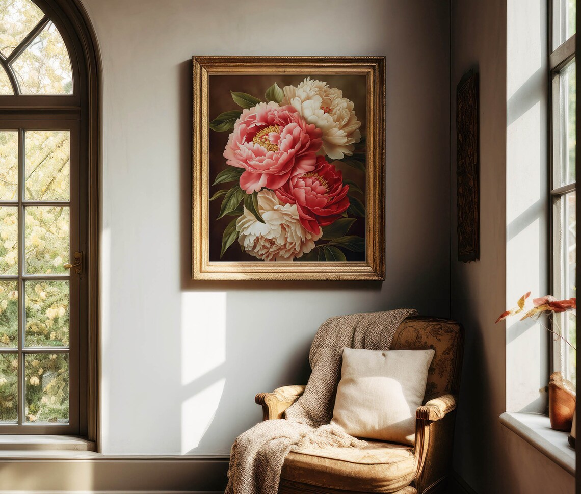 Pink Red Cream Peonies Dark Brown Background Botanical Floral Poster - Image 5