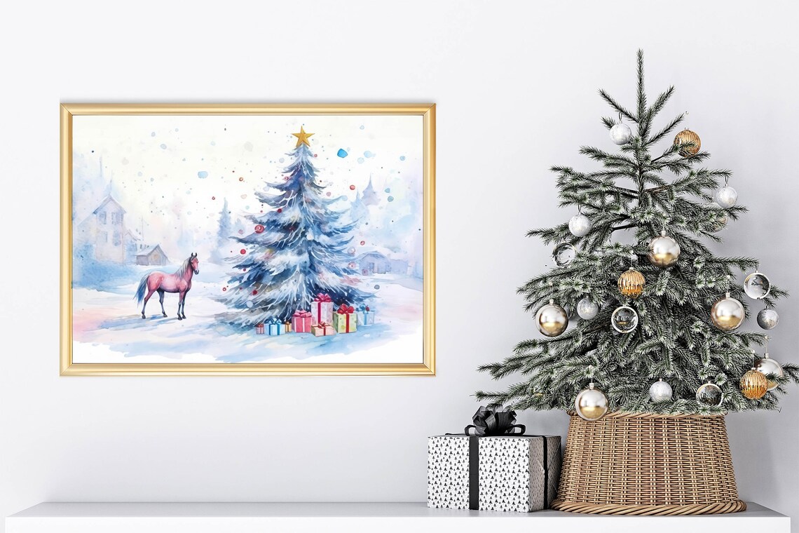 Blue Christmas Tree Pink Horse Gifts Watercolor Holiday Art Print - Image 5