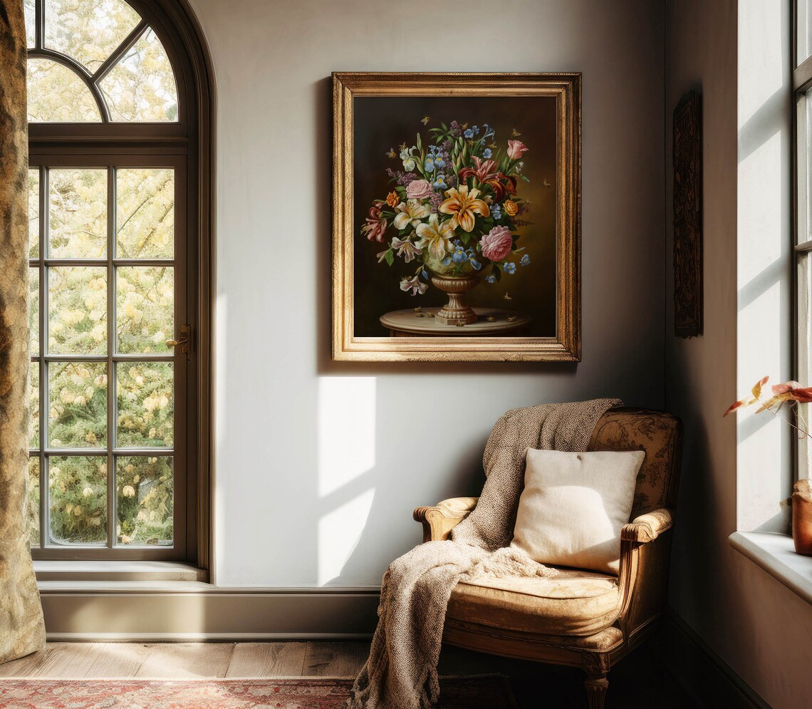 Dark Moody Floral Still Life Lush Bouquet Bumblebee Vintage Poster - Image 6