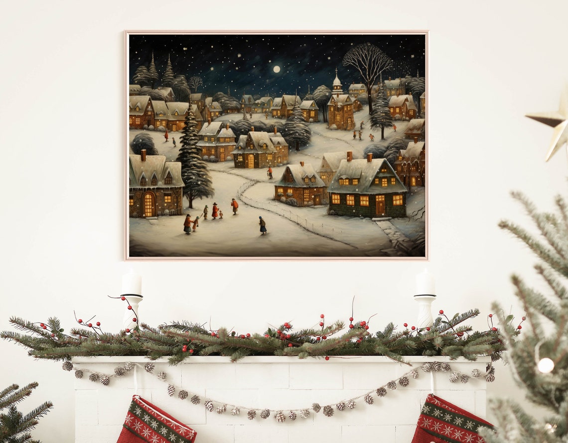 Vintage Christmas Village Wall Art Vintage Christmas Winter Night Wall Art Farmhouse Christmas Decor Snowy Town Painting Xmasv1 - Image 7