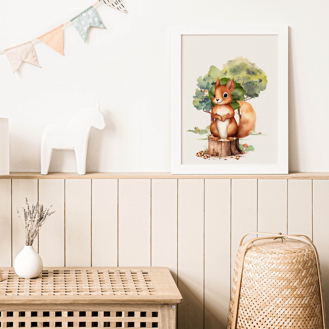 Red Squirrel On Tree Stump Watercolor Woodland Nursery Animal Poster - Image 4