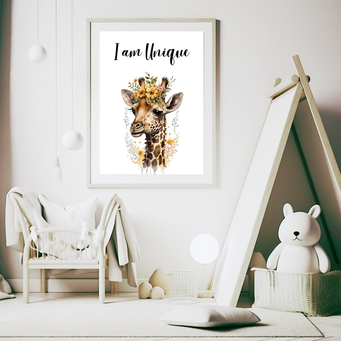 I Am Unique Giraffe Watercolor Flower Crown Nursery Kids Poster - Image 6