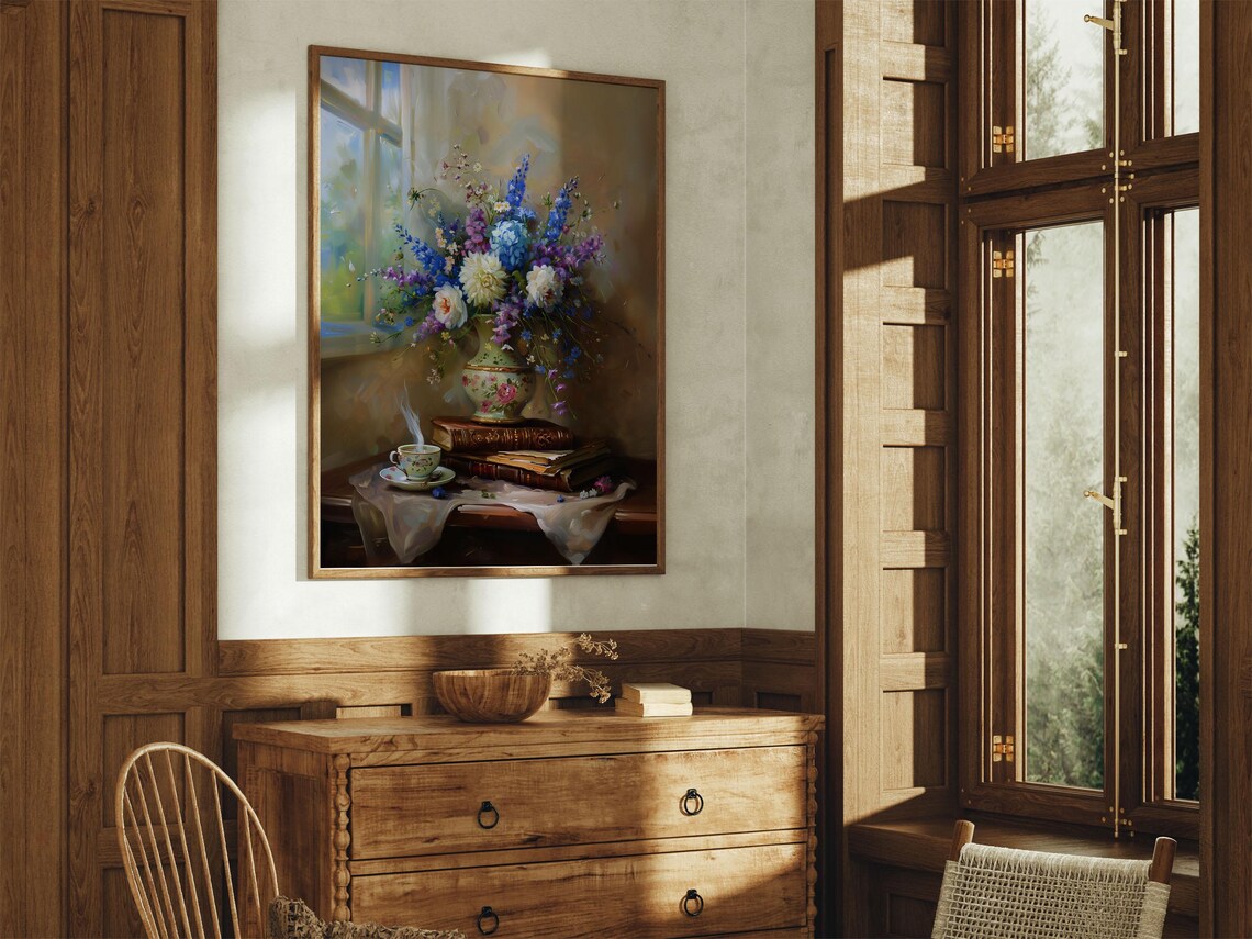 Vintage Hydrangea Bouquet Books Teacup Light Academia Art Print - Image 3