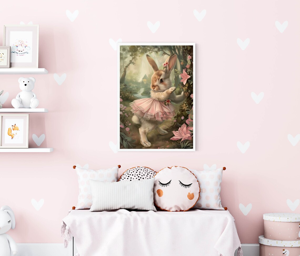 Bunny In Pink Tutu Dancing Flower Forest Cottage Storybook Poster - Image 2