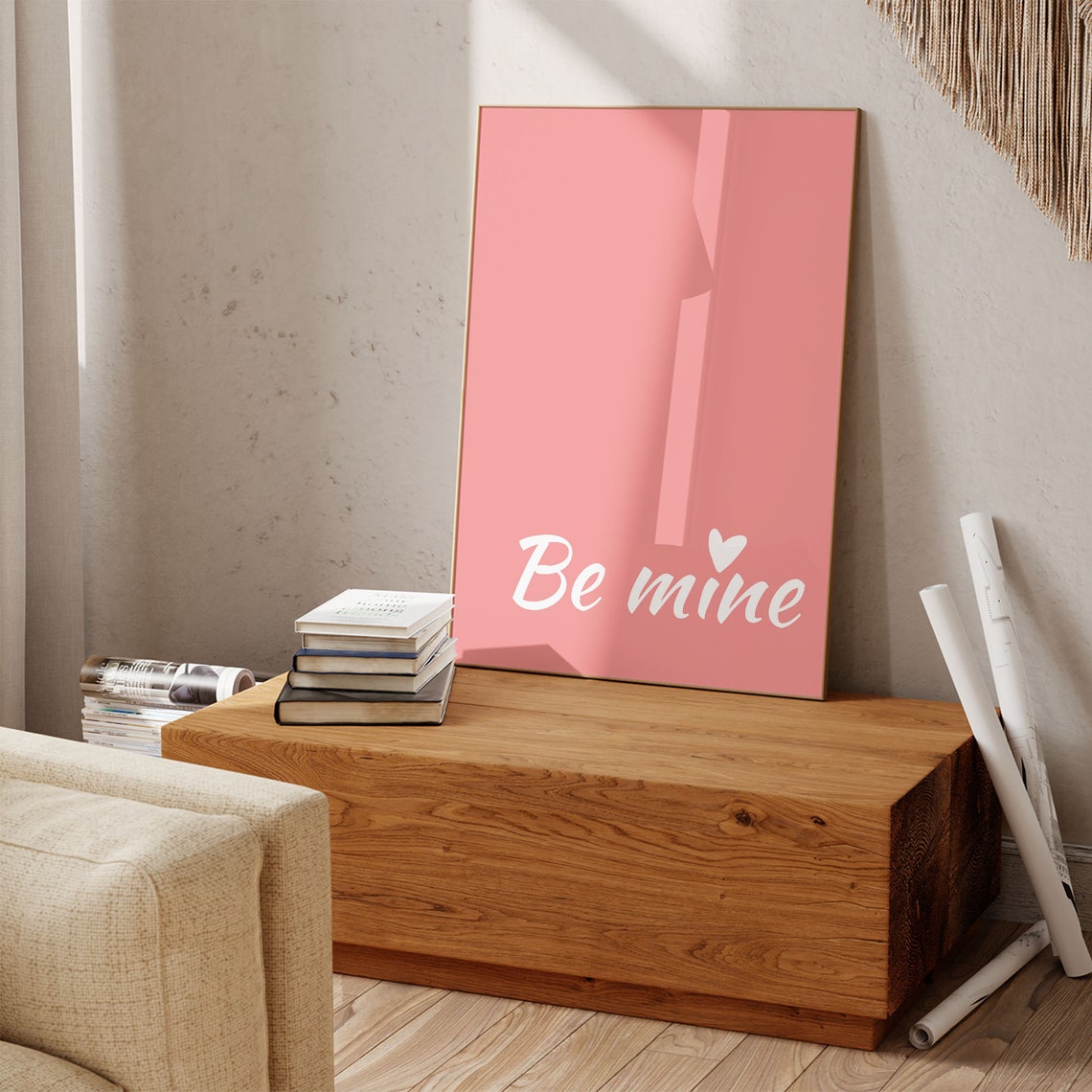 Romantic Be Mine Script Coral Pink Valentine Heart Wall Poster - Image 3