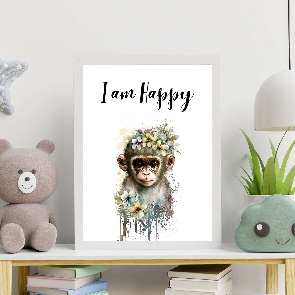 I Am Happy Monkey Watercolor Flower Crown Nursery Kids Poster - Image 8