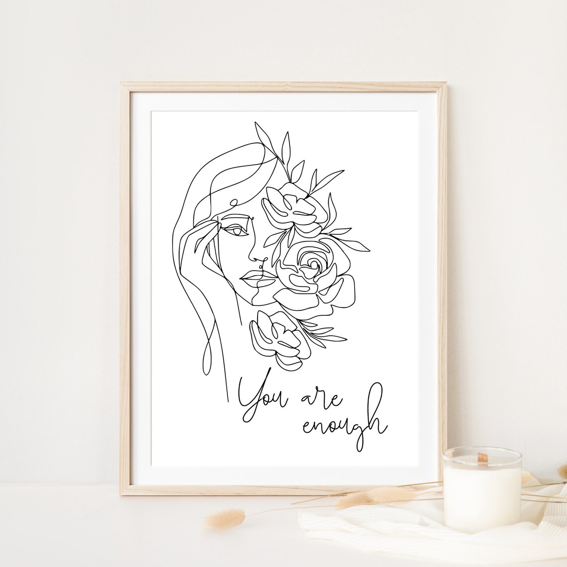 You Are Enough Floral Line Art Woman White Minimalist Poster - Image 7