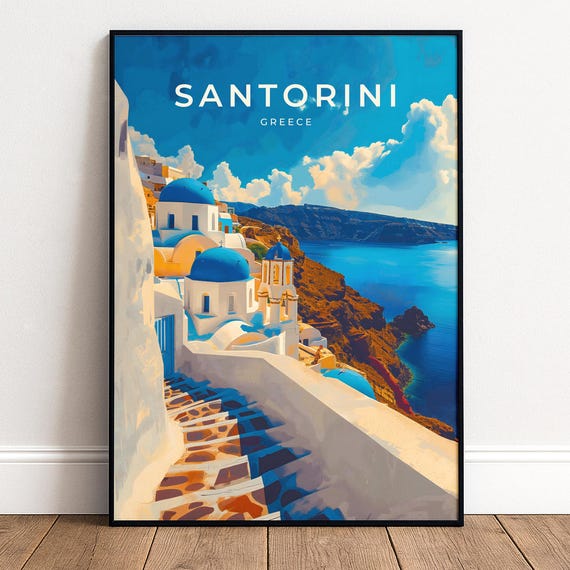 Santorini Travel Poster Oia Greece Wall Art Blue Domes Coastal Print