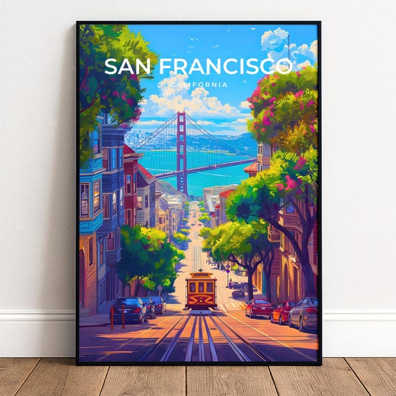 San Francisco Cable Car Poster Golden Gate Bridge Wall Art California Print