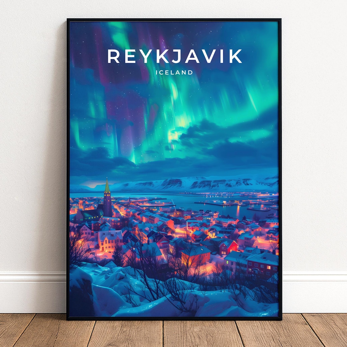 Reykjavik Iceland City Northern Lights Winter Night Travel Poster