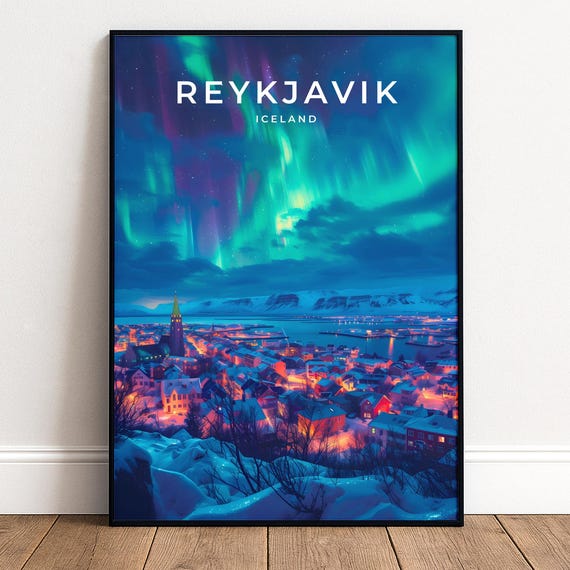 Reykjavik Iceland Travel Poster Northern Lights Wall Art