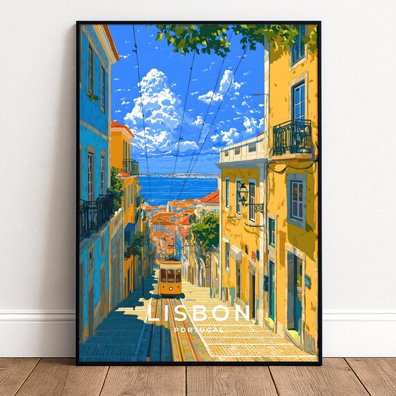 Lisbon Portugal Yellow Tram Alfama Street Retro Travel Poster