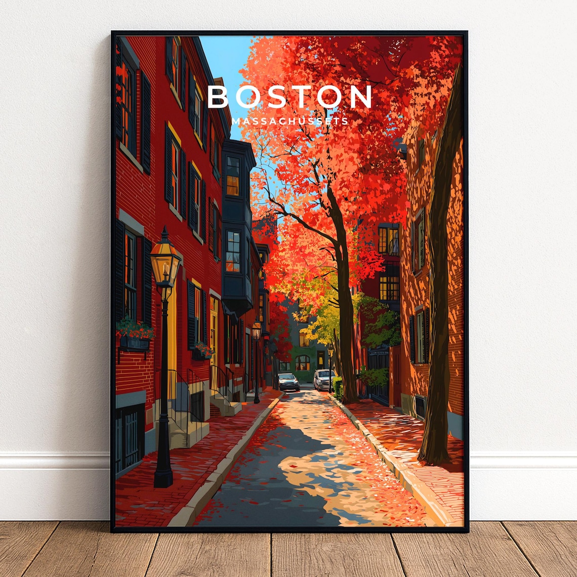 Boston Travel Poster, Autumn Brownstones