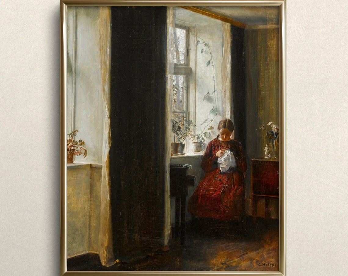 Young Girl Sewing By The Window Fine Art Print Cozy Vintage Painting Cottage Style Art Prints French Provincial Art Print A44