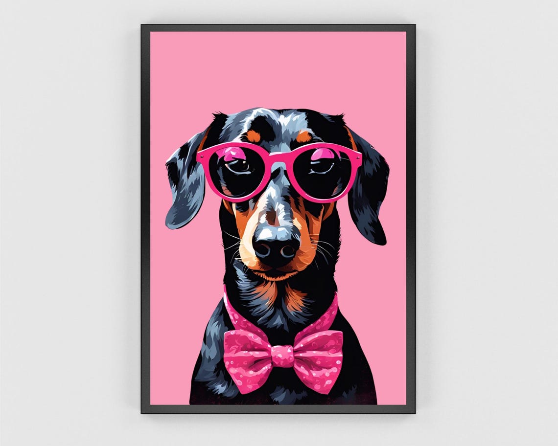 Dachshund Pink Sunglasses Polka Dot Bow Tie Pop Art Wall Poster - Image 3