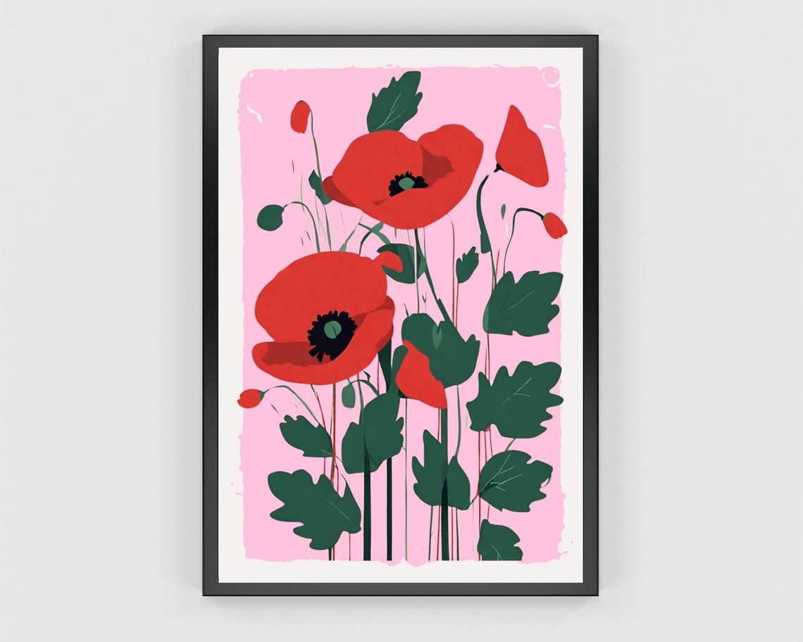 Bold Red Poppies Pink Background Minimalist Floral Art Poster - Image 3