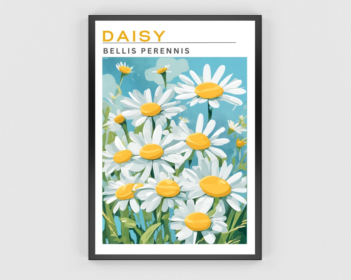 Daisy Bellis Perennis Flower Botanical Teal Vintage Chart Poster - Image 3