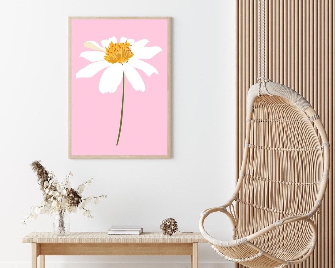 Single White Daisy Orange Center Pink Minimalist Floral Art Poster - Image 2