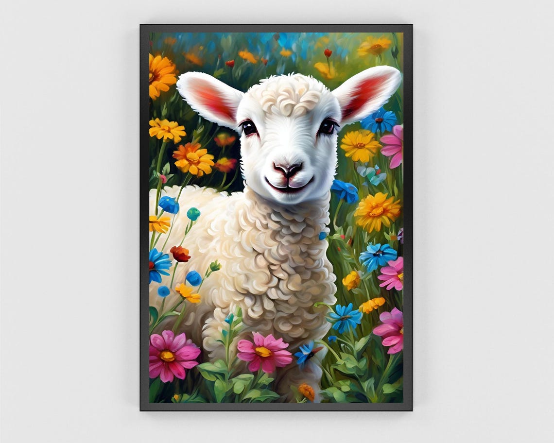 Smiling Lamb in a Colorful Wildflower Meadow Cute Animal Poster - Image 3