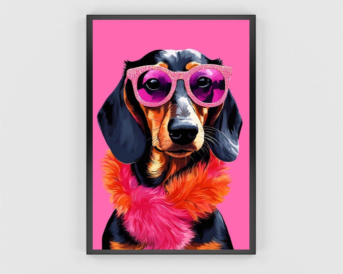 Diva Dachshund Leopard Sunglasses Feather Boa Pink Pop Wall Poster - Image 3