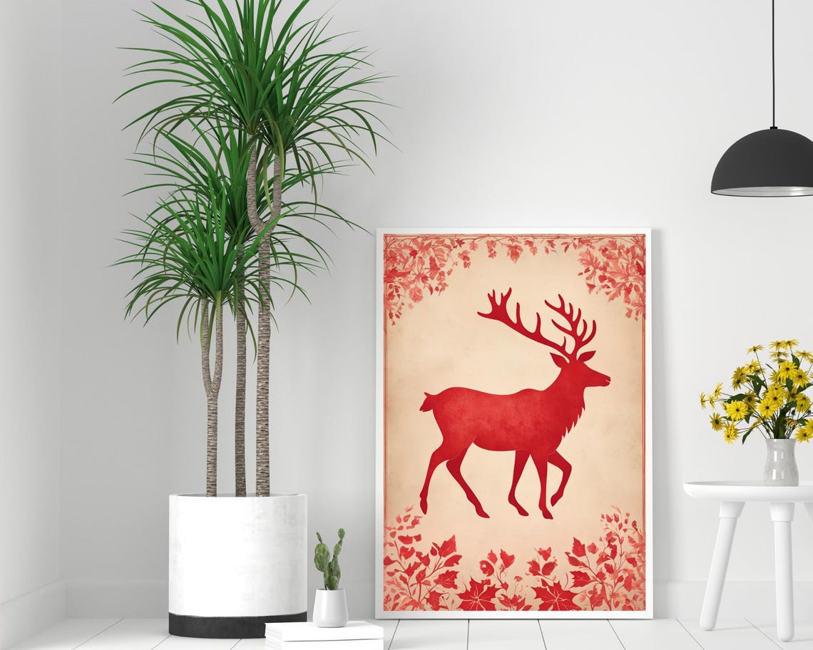 Red Reindeer Silhouette with Botanical Border Holiday Poster - Image 2