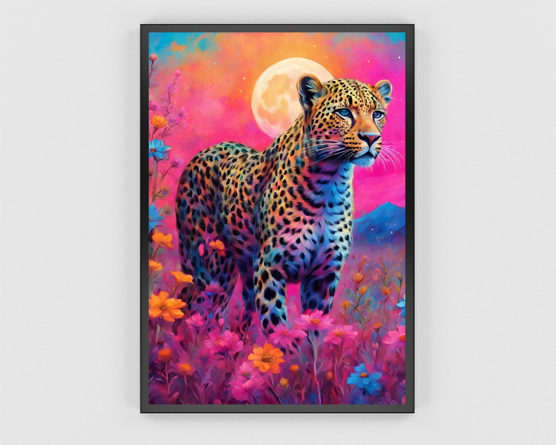 Rainbow Leopard Moon Art Neon Wildflower Night Jungle Feline Print - Image 3