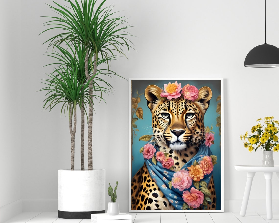 Leopard Wearing Flower Crown And Floral Scarf On Teal Poster - Image 2