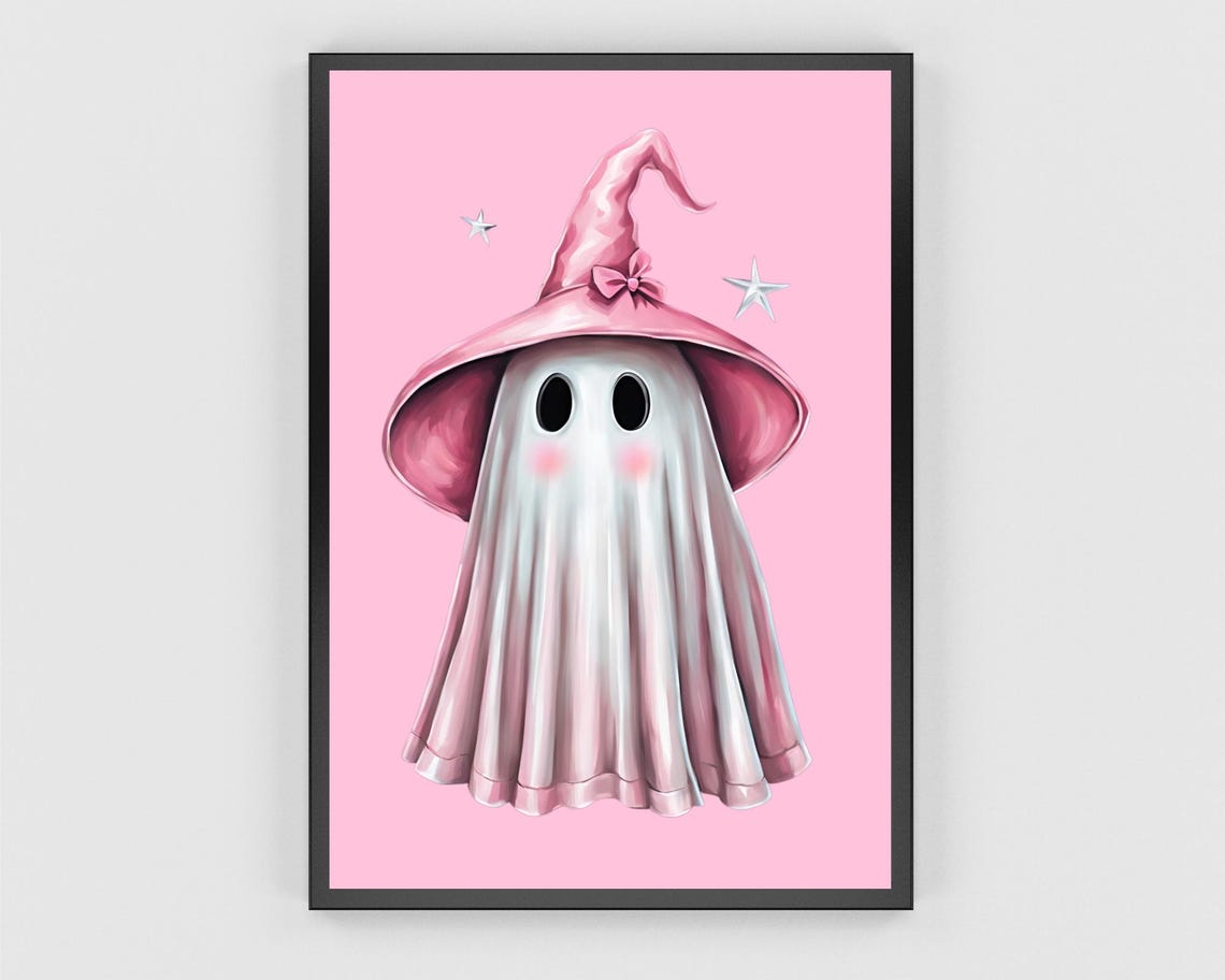 Cute Ghost Pink Witch Hat Stars Halloween Pastel Wall Poster - Image 3