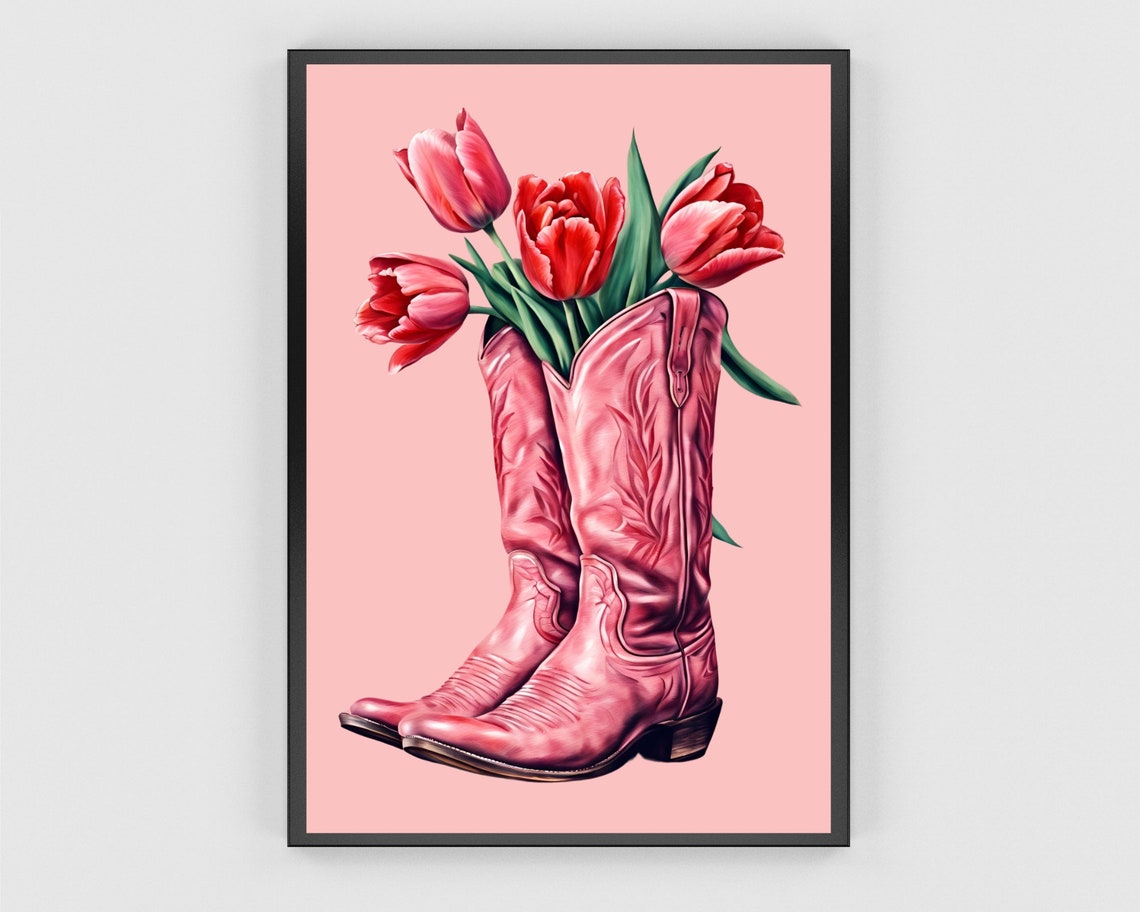 Pair Of Pink Cowboy Boots Holding Red Tulips On Pink Background Poster - Image 3