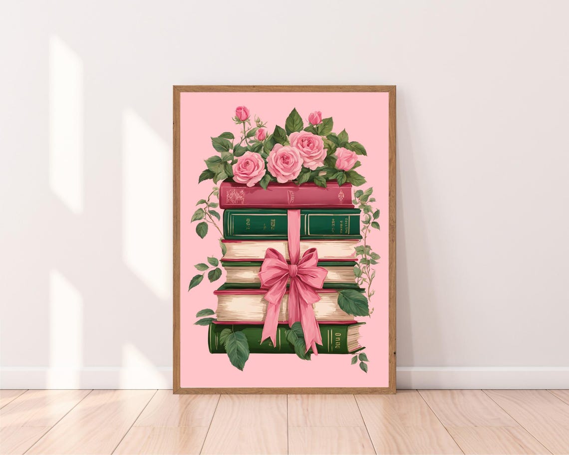 Stack of Vintage Books with Pink Bow and Roses Reader Decor Poster - Image 2