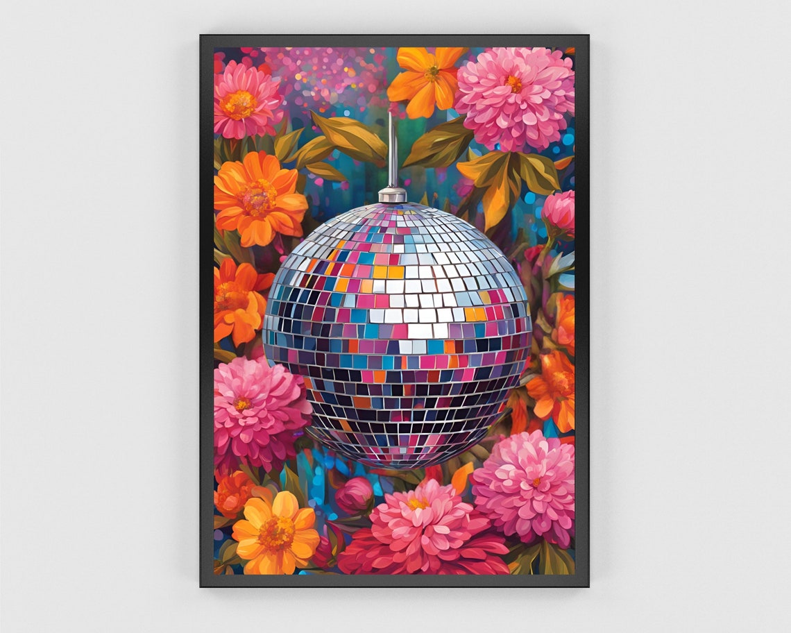 Colorful Mosaic Disco Ball Among Flowers On Dark Teal Poster - Image 3