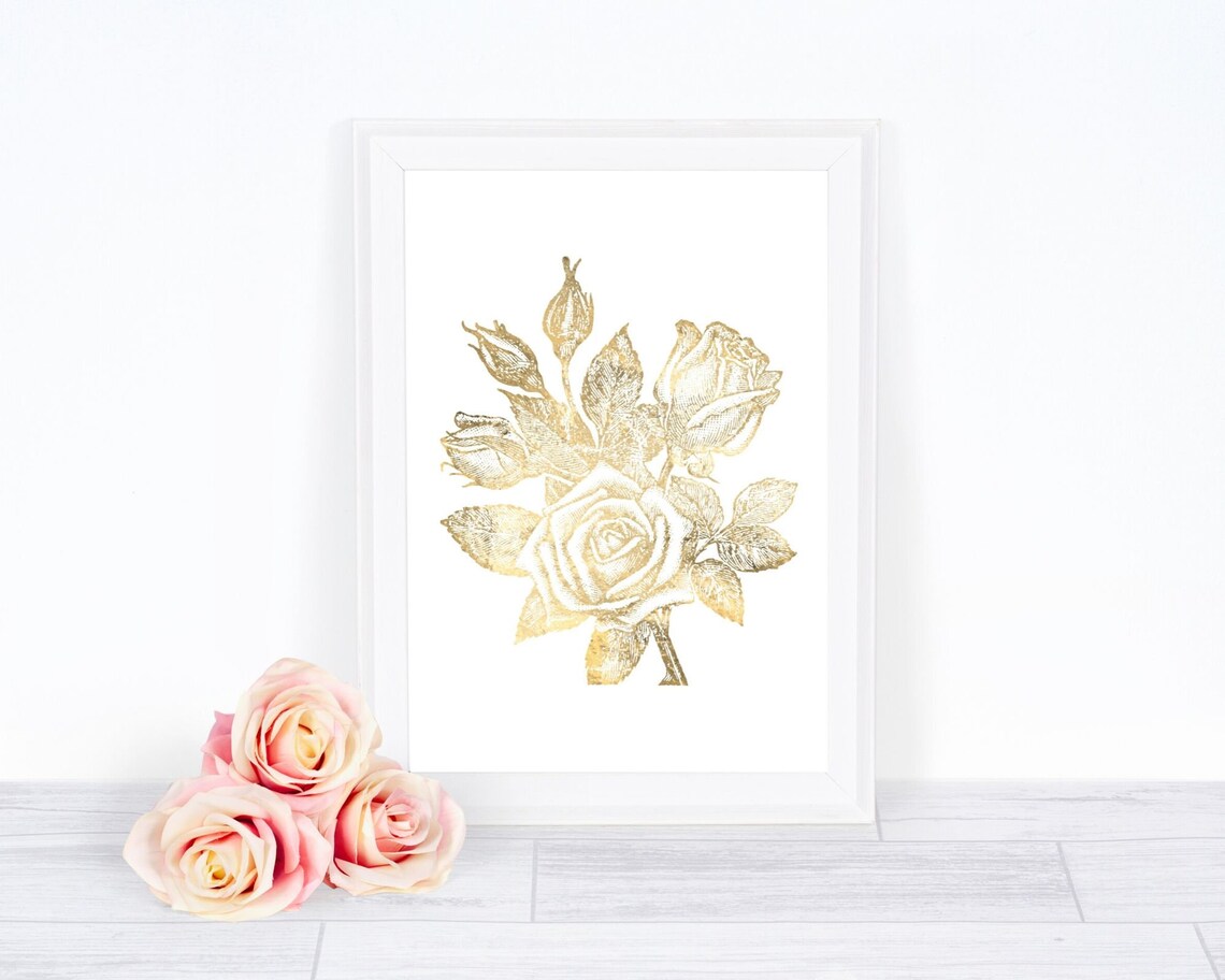 Rose Flower Botanical Gold Wall Decor Art Print - Image 2