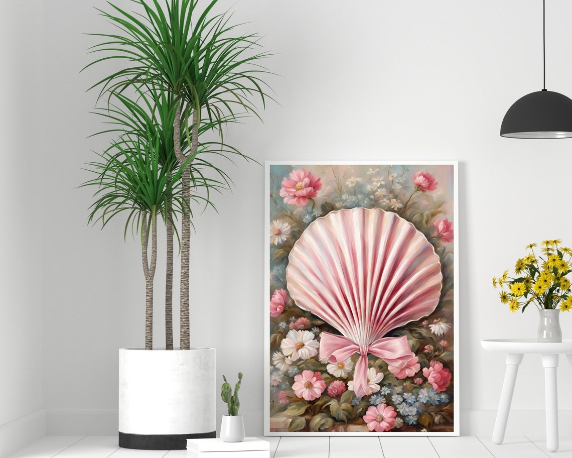 Pink Seashell With Satin Bow Floral Botanical Coquette Poster - Image 2