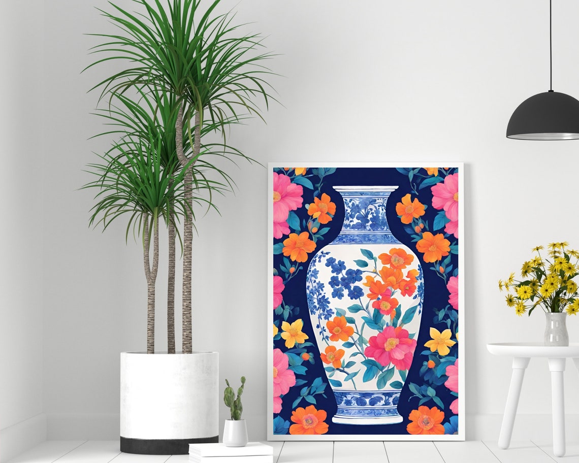 Blue Chinoiserie Vase Floral Art Navy Botanical Blossom Print - Image 2