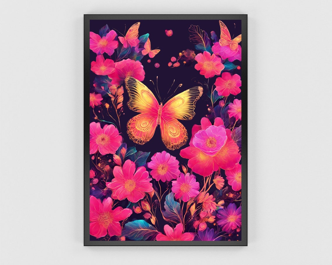 Neon Butterfly Night Garden Art Pink Flower Moth Floral Print - Image 3