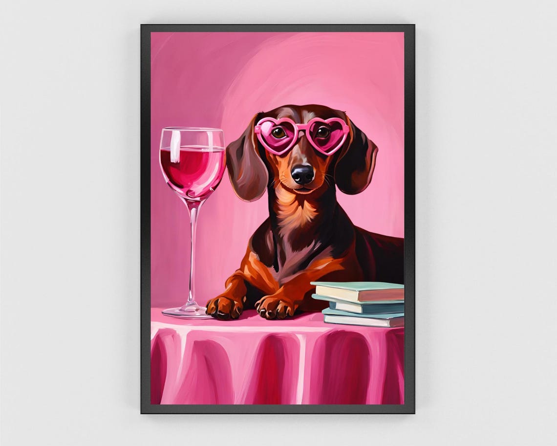 Dachshund Heart Sunglasses Wine Glass Books Pink Fun Wall Poster - Image 3