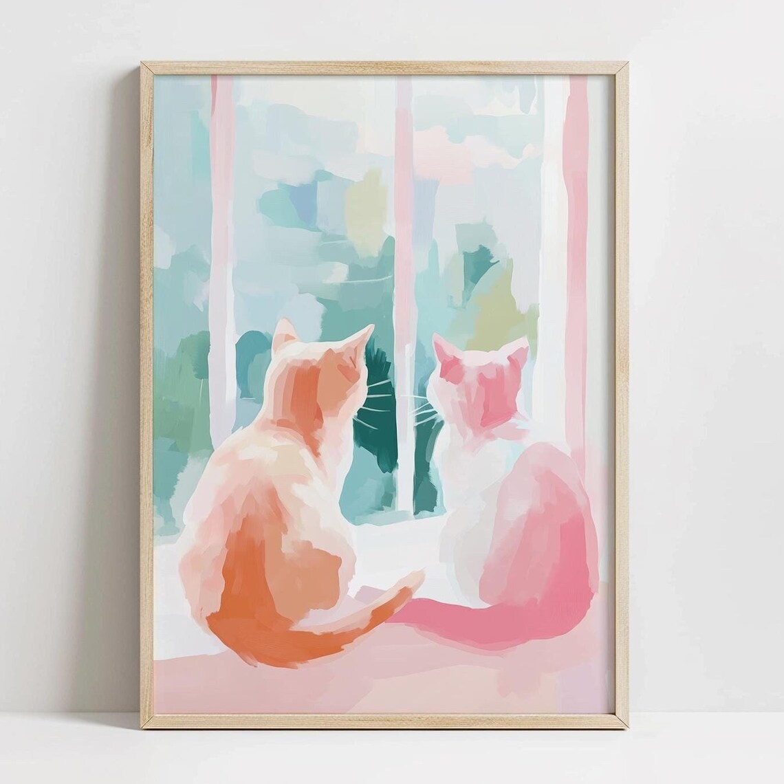 Two Cats Window Watching Pastel Watercolor Sweet Kitty Art Poster