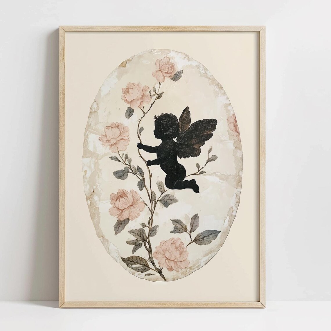 Black Cherub Silhouette Climbing Rose Stem Oval Medallion Art Print