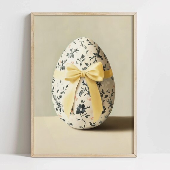Floral Easter Egg Yellow Bow Botanical Spring Decor Art Print