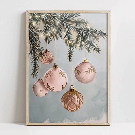 Pink Christmas Ornaments With Gold Fir Branches Holiday Poster