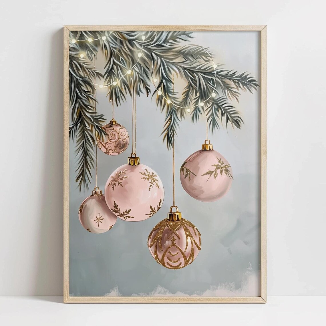 Pink Christmas Ornaments With Gold Fir Branches Holiday Poster