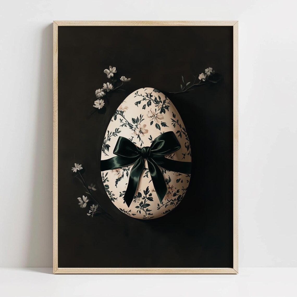 Black Botanical Easter Egg Ribbon Moody Dark Elegant Art Print