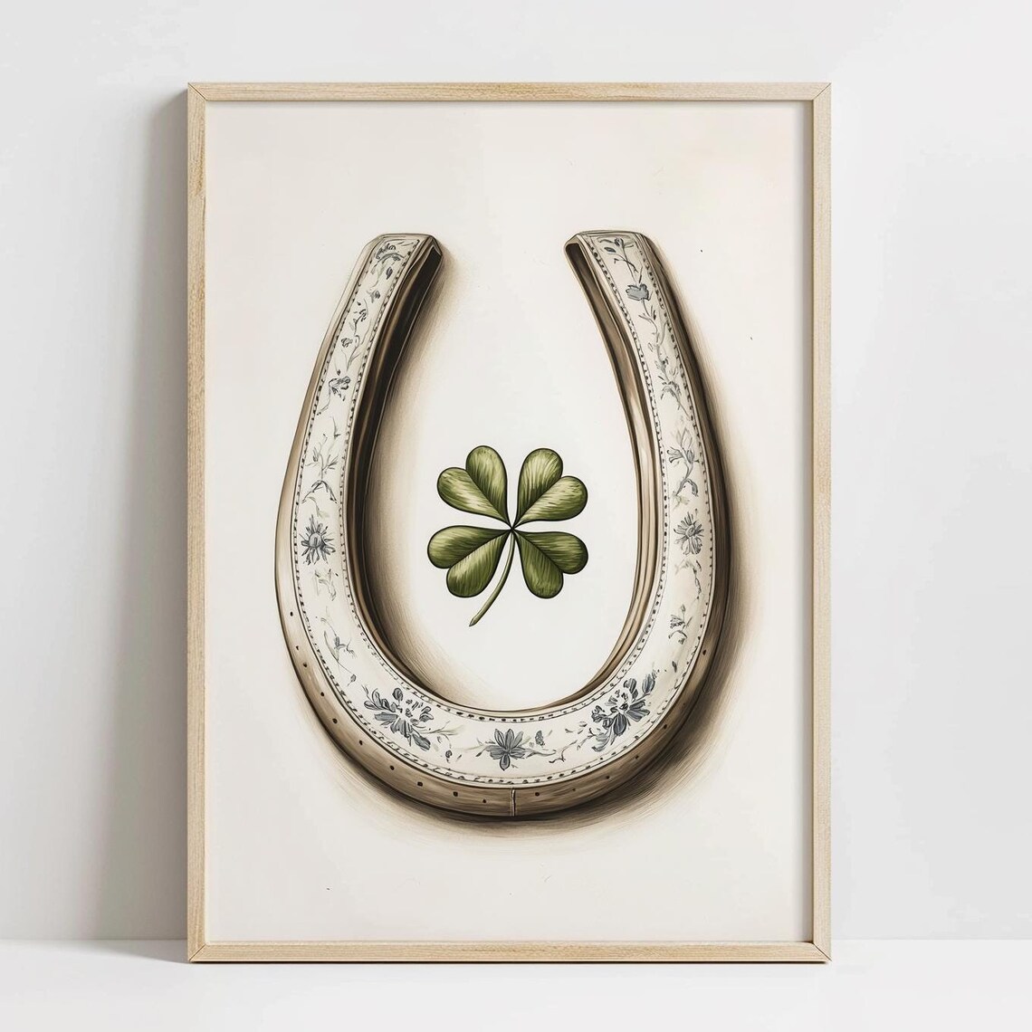 Cream Porcelain Horseshoe Shamrock Floral Lucky Charm Art Print
