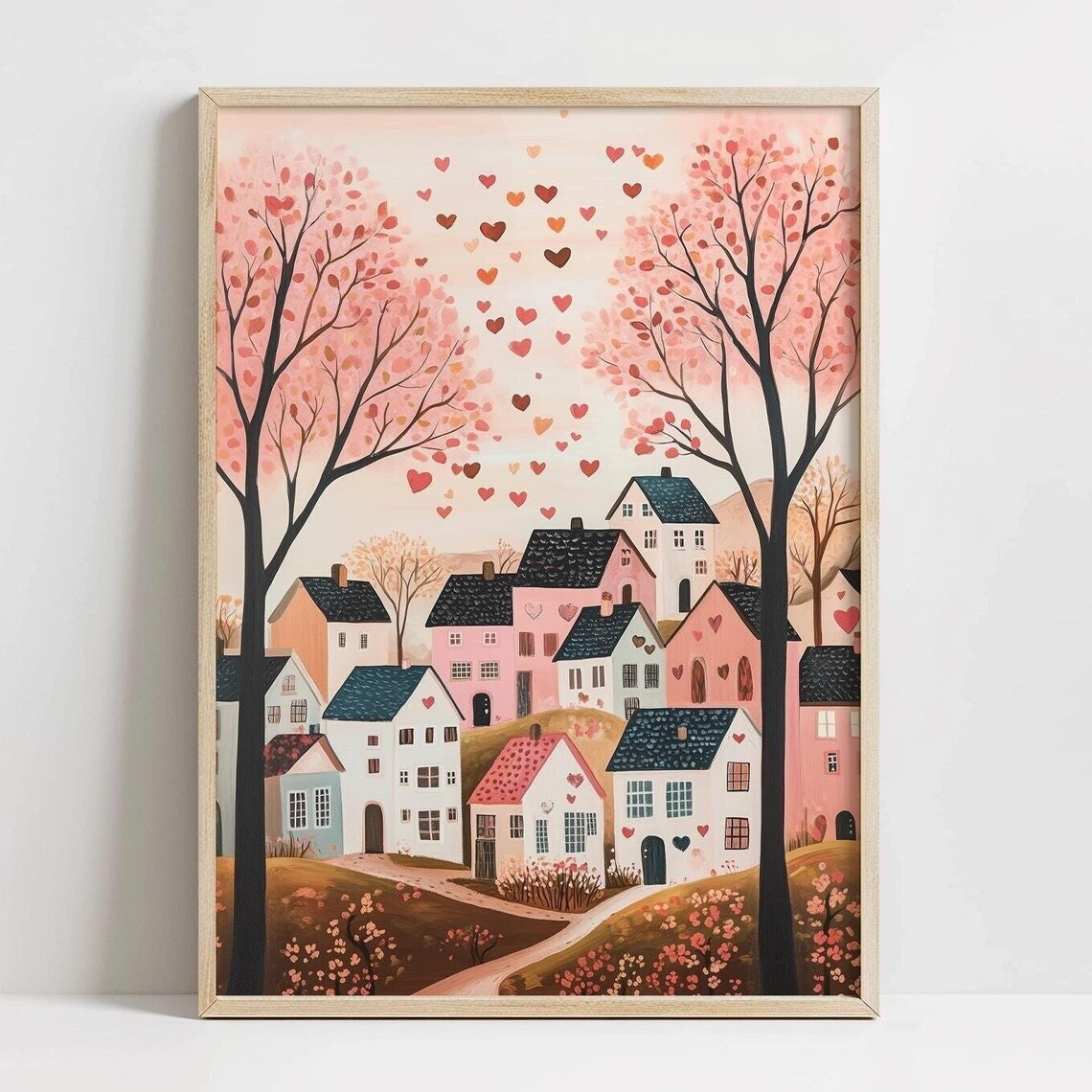 Pink Valentine Village With Floating Hearts Whimsical Poster